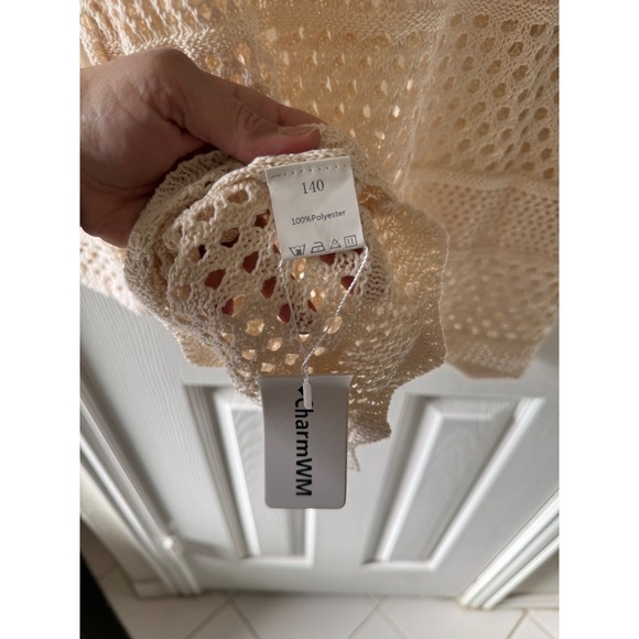 Boho Crochet Open Knit Sweater Cream Oversized Beachy S M - Picture 6 of 9